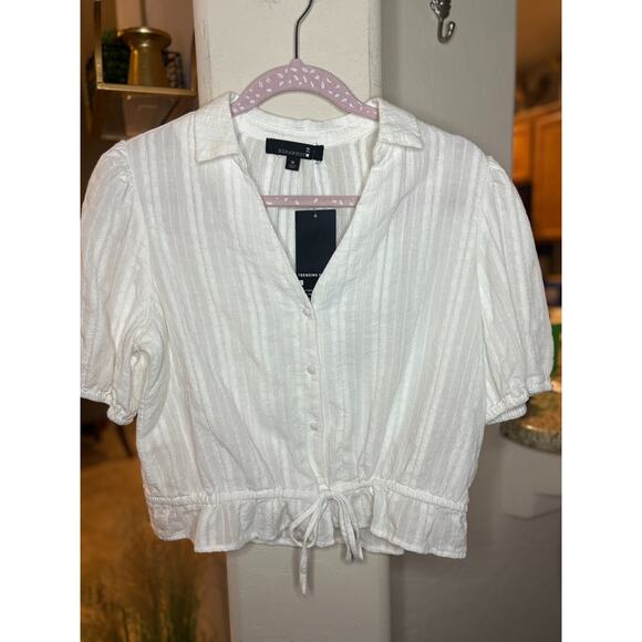 REWASH Women's white cropped button-down top with tie hem Medium 6-10 - Picture 2 of 5